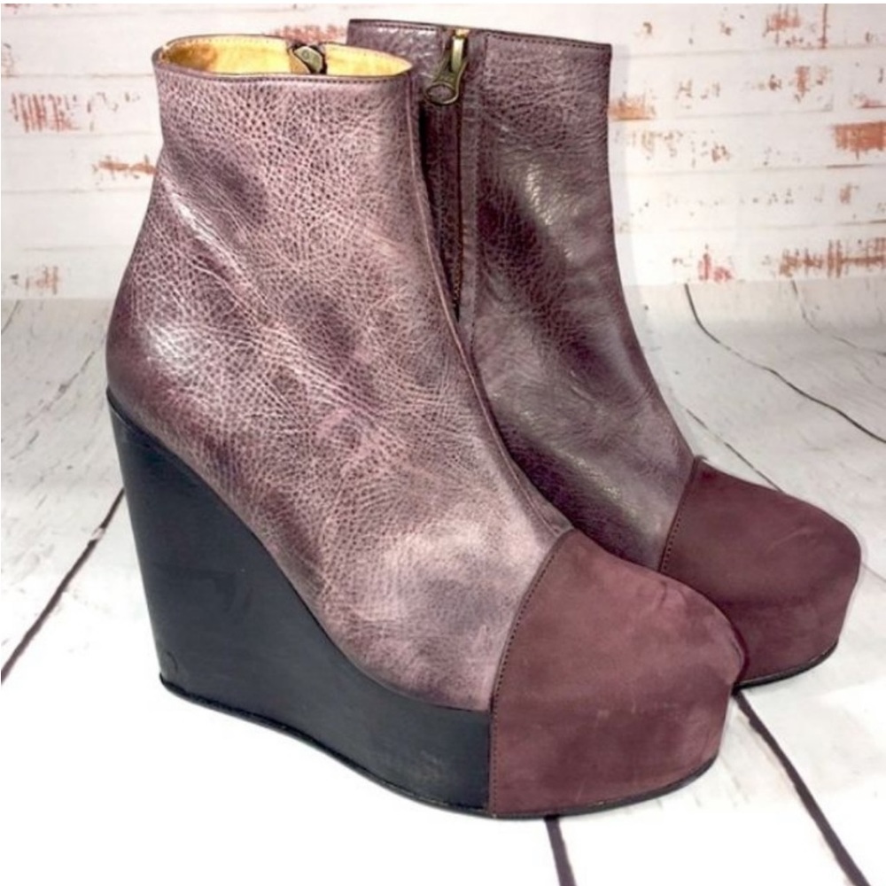 MINIMARKET Wood Leather and Suede Wedge Ankle Boot